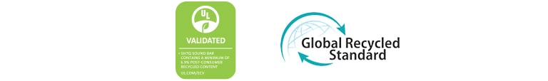 A partir da esquerda, são mostrados: UL VALIDATED (logotipo), Global Recycled Standard (logotipo).